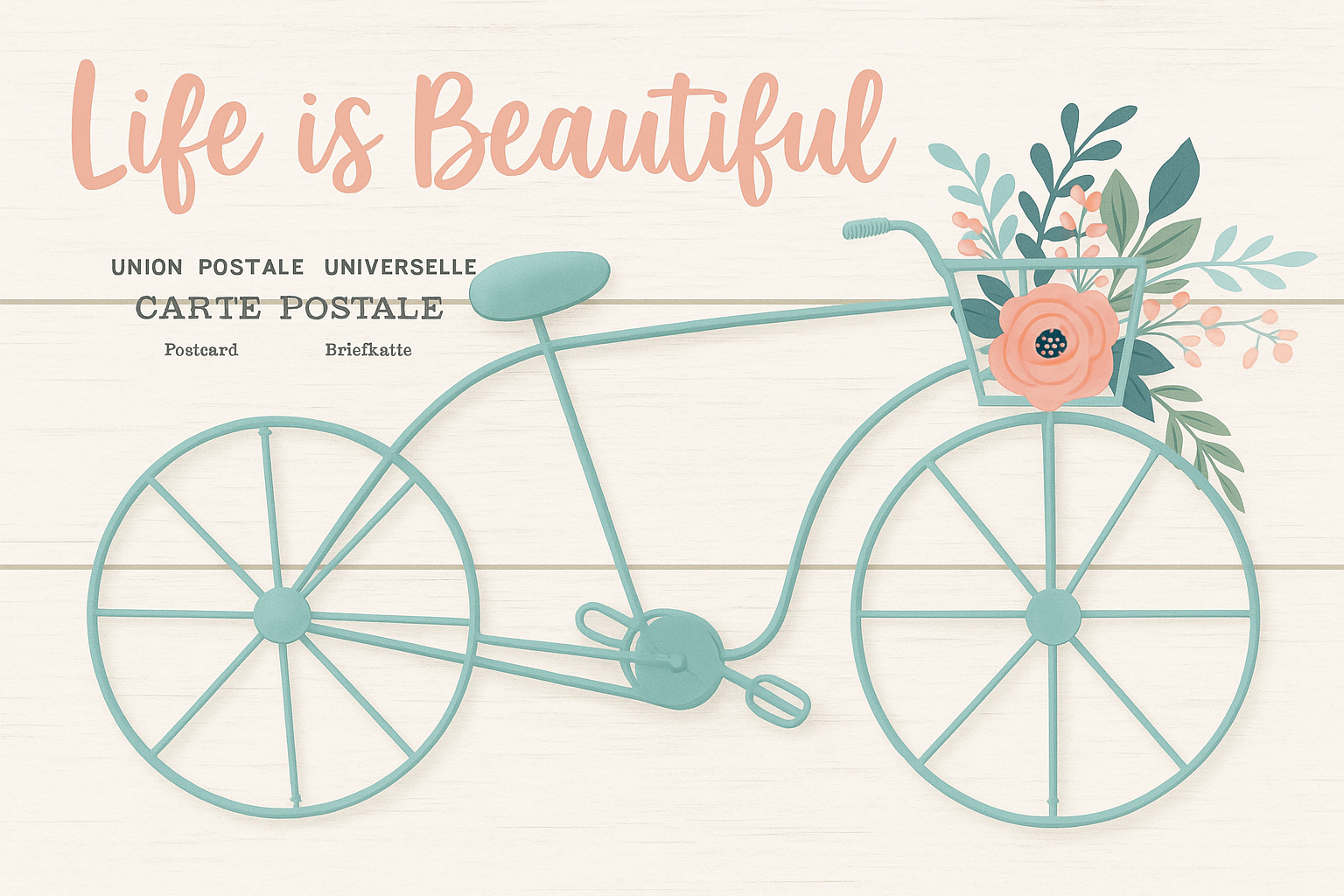 Vintage bike with flowers and the phrase Life is beautiful, inspiring embracing imperfection and manifesting dreams."
